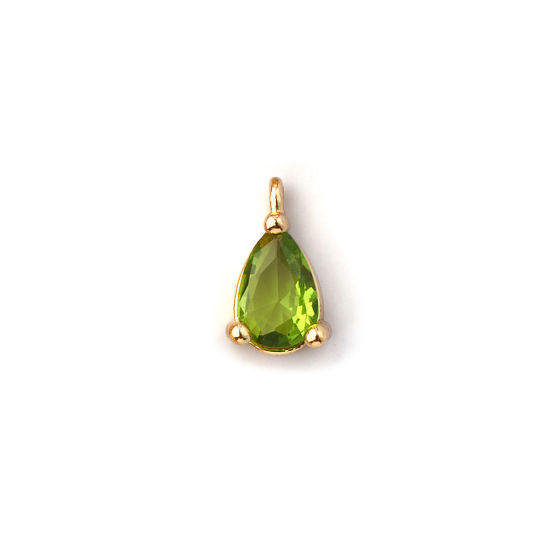 Immagine di 5 Pz Ottone Pietre Nascita Ciondoli Placcato Oro 18K Goccia Agosto Mini Verde Oliva Cubic Zirconiae 9mm x 5mm