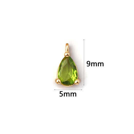 Immagine di 5 Pz Ottone Pietre Nascita Ciondoli Placcato Oro 18K Goccia Agosto Mini Verde Oliva Cubic Zirconiae 9mm x 5mm