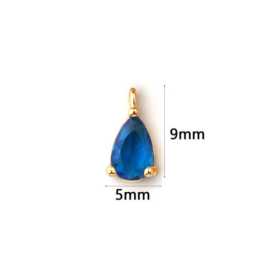 Immagine di 5 Pz Ottone Pietre Nascita Ciondoli Placcato Oro 18K Goccia Settembre Mini Blu Marino Cubic Zirconiae 9mm x 5mm