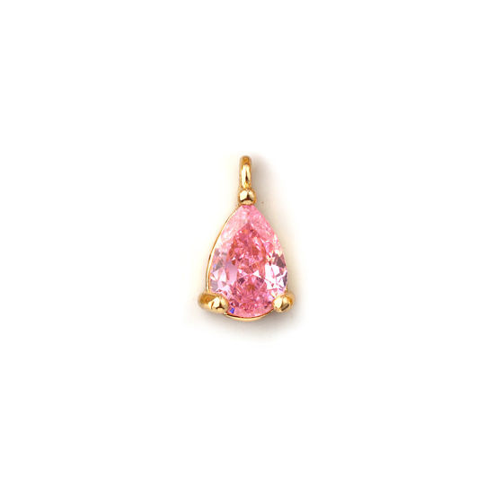 Immagine di 5 Pz Ottone Pietre Nascita Ciondoli Placcato Oro 18K Goccia Ottobre Mini Rosa Cubic Zirconiae 9mm x 5mm