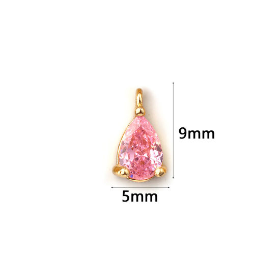 Immagine di 5 Pz Ottone Pietre Nascita Ciondoli Placcato Oro 18K Goccia Ottobre Mini Rosa Cubic Zirconiae 9mm x 5mm