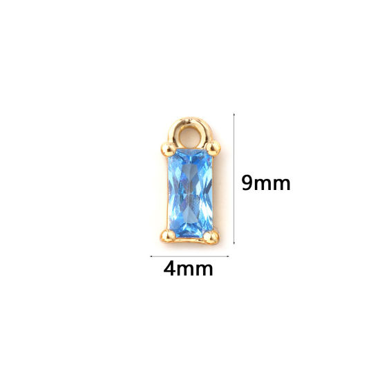 Изображение 5 ШТ Латунь Камень рождения Подвески 18K позолоченный Прямоугольник марш Мини Морской синий Искусственный Циркон 9мм x 4мм