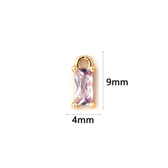 Изображение 5 ШТ Латунь Камень рождения Подвески 18K позолоченный Прямоугольник июнь Мини Лиловый Искусственный Циркон 9мм x 4мм
