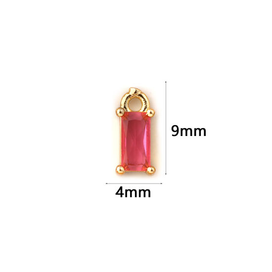 Изображение 5 ШТ Латунь Камень рождения Подвески 18K позолоченный Прямоугольник июль Мини Фуксия Искусственный Циркон 9мм x 4мм