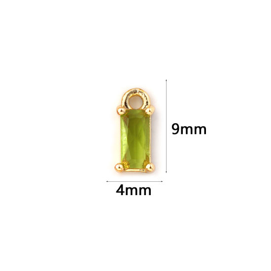 Изображение 5 ШТ Латунь Камень рождения Подвески 18K позолоченный Прямоугольник августейший Мини Оливково-зеленый Искусственный Циркон 9мм x 4мм