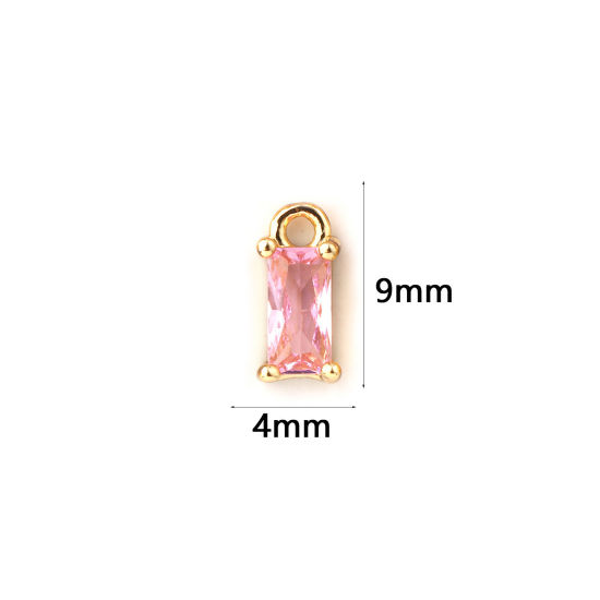 Изображение 5 ШТ Латунь Камень рождения Подвески 18K позолоченный Прямоугольник октября Мини Розовый Искусственный Циркон 9мм x 4мм