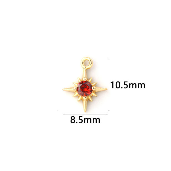 Изображение 2 ШТ Латунь Камень рождения Подвески 18K позолоченный Звезда январь Мини Вишневый Цвет Искусственный Циркон 10.5мм x 8.5мм