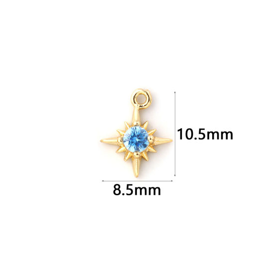 Изображение 2 ШТ Латунь Камень рождения Подвески 18K позолоченный Звезда марш Мини Морской синий Искусственный Циркон 10.5мм x 8.5мм