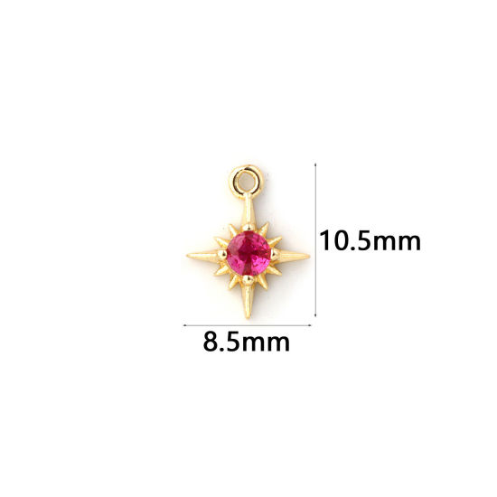 Изображение 2 ШТ Латунь Камень рождения Подвески 18K позолоченный Звезда июль Мини Фуксия Искусственный Циркон 10.5мм x 8.5мм