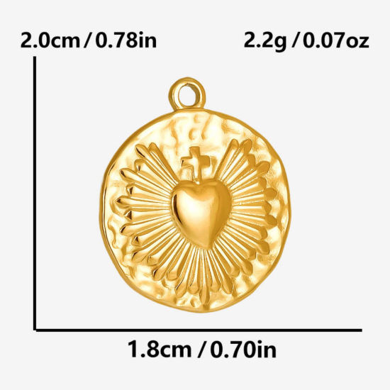 Immagine di 2 Pz Placcatura Sottovuoto PVD Ecologica 304 Acciaio Inossidabile Religione Ciondoli Placcato Oro 18K Tondo Ex Voto Cuore 21mm x 18mm