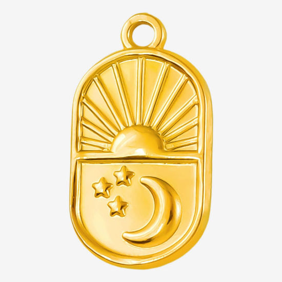 Immagine di 2 Pz Placcatura Sottovuoto PVD Ecologica 304 Acciaio Inossidabile Galassia Ciondoli Placcato Oro 18K Ovale Sole & Luna 23mm x 13mm