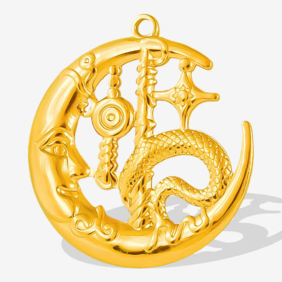 Immagine di 2 Pz Placcatura Sottovuoto PVD Ecologica 304 Acciaio Inossidabile Galassia Ciondoli Pendenti Placcato Oro 18K Luna Serpente 3.5cm x 3.2cm