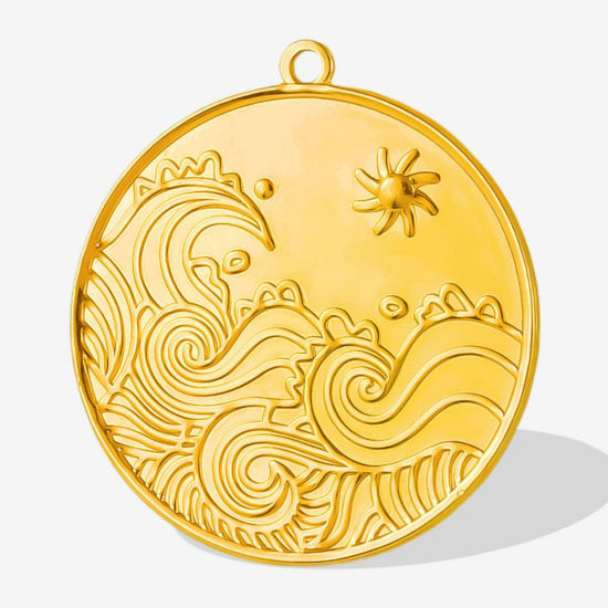 Immagine di 2 Pz Placcatura Sottovuoto PVD Ecologica 304 Acciaio Inossidabile Ciondoli Pendenti Placcato Oro 18K Tondo Onda 3.8cm x 3.5cm