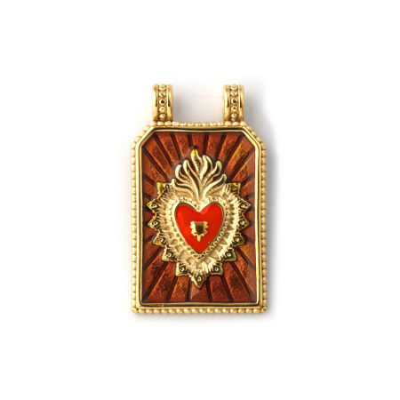Picture of 1 Piece Eco-friendly PVD Vacuum Plating Waterproof Anti-Tarnish Hypoallergenic 304 Stainless Steel Religious Pendants 14K Real Gold Plated Brown Enamel Hexagon Ex Voto Heart 3.2cm x 1.9cm