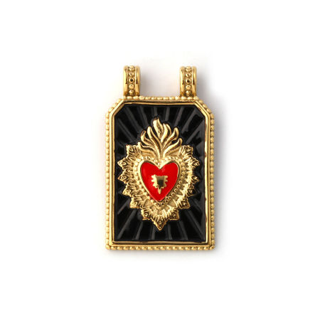 Picture of 1 Piece Eco-friendly PVD Vacuum Plating Waterproof Anti-Tarnish Hypoallergenic 304 Stainless Steel Religious Pendants 14K Real Gold Plated Black Enamel Hexagon Ex Voto Heart 3.2cm x 1.9cm