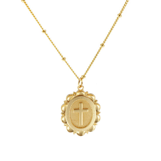 Picture of 18K Real Gold Plated Curb Link Chain Oval Pendant Charm Necklace, Brass 45cm(17.7") + 5cm(2"), For Women, Cross Retro Religious Gift, Eco-friendly, 1 Piece