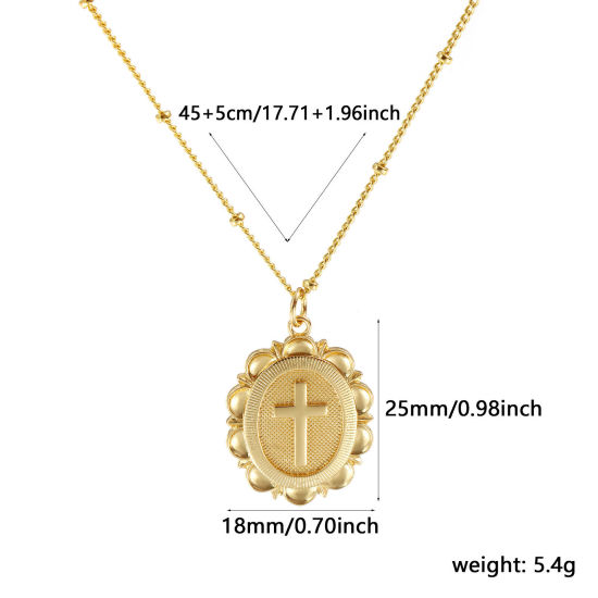 Picture of 18K Real Gold Plated Curb Link Chain Oval Pendant Charm Necklace, Brass 45cm(17.7") + 5cm(2"), For Women, Cross Retro Religious Gift, Eco-friendly, 1 Piece
