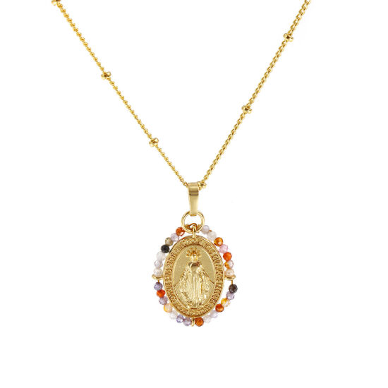 Picture of 18K Real Gold Plated Curb Link Chain Oval Pendant Charm Necklace, Brass & Glass 45cm(17.7") + 5cm(2"), For Women, Virgin Mary Multicolor Double Sided, Retro Religious Gift, Eco-friendly, 1 Piece