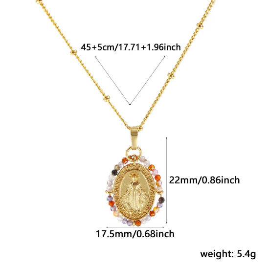 Picture of 18K Real Gold Plated Curb Link Chain Oval Pendant Charm Necklace, Brass & Glass 45cm(17.7") + 5cm(2"), For Women, Virgin Mary Multicolor Double Sided, Retro Religious Gift, Eco-friendly, 1 Piece