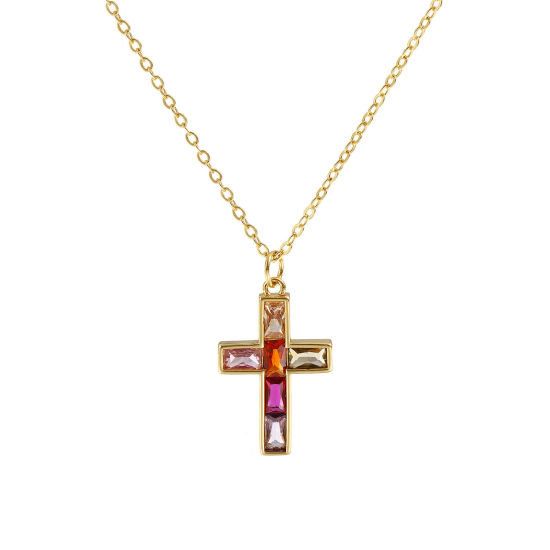 Picture of 18K Real Gold Plated Link Cable Chain Cross Pendant Charm Necklace, Brass 46cm(18.1") + 6cm(2.4"), For Women, Multicolor Rhinestone Retro Religious Gift, Eco-friendly, 1 Piece