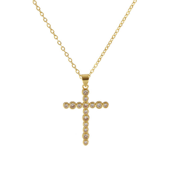 Picture of 18K Real Gold Plated Link Cable Chain Cross Pendant Charm Necklace, Brass 46cm(18.1") + 6cm(2.4"), For Women, Clear Cubic Zirconia Micro Pave, Retro Religious Gift, Eco-friendly, 1 Piece