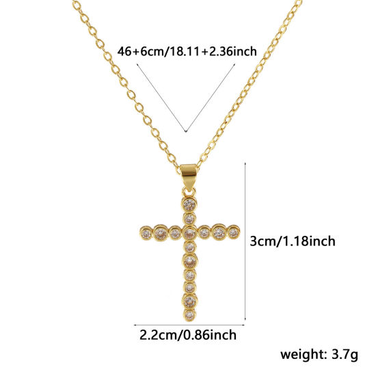 Picture of 18K Real Gold Plated Link Cable Chain Cross Pendant Charm Necklace, Brass 46cm(18.1") + 6cm(2.4"), For Women, Clear Cubic Zirconia Micro Pave, Retro Religious Gift, Eco-friendly, 1 Piece