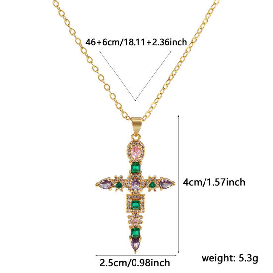 Picture of 18K Real Gold Plated Link Cable Chain Cross Pendant Charm Necklace, Brass 46cm(18.1") + 6cm(2.4"), For Women, Multicolour Cubic Zirconia Micro Pave, Retro Religious Gift, Eco-friendly, 1 Piece