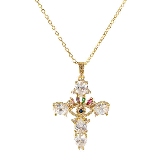 Picture of 18K Real Gold Plated Link Cable Chain Cross Pendant Charm Necklace, Brass 46cm(18.1") + 6cm(2.4"), For Women, Multicolour Cubic Zirconia Micro Pave, Retro Religious Gift, Eco-friendly, 1 Piece