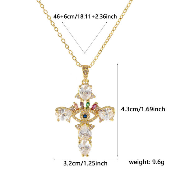 Picture of 18K Real Gold Plated Link Cable Chain Cross Pendant Charm Necklace, Brass 46cm(18.1") + 6cm(2.4"), For Women, Multicolour Cubic Zirconia Micro Pave, Retro Religious Gift, Eco-friendly, 1 Piece