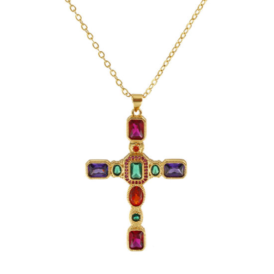 Picture of 18K Real Gold Plated Link Cable Chain Cross Pendant Charm Necklace, Brass 46cm(18.1") + 6cm(2.4"), For Women, Multicolour Cubic Zirconia Micro Pave, Retro Religious Gift, Eco-friendly, 1 Piece