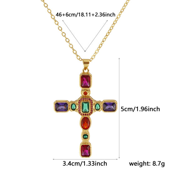 Picture of 18K Real Gold Plated Link Cable Chain Cross Pendant Charm Necklace, Brass 46cm(18.1") + 6cm(2.4"), For Women, Multicolour Cubic Zirconia Micro Pave, Retro Religious Gift, Eco-friendly, 1 Piece