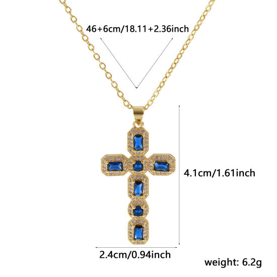 Picture of 18K Real Gold Plated Link Cable Chain Cross Pendant Charm Necklace, Brass 46cm(18.1") + 6cm(2.4"), For Women, Blue Cubic Zirconia Micro Pave, Retro Religious Gift, Eco-friendly, 1 Piece
