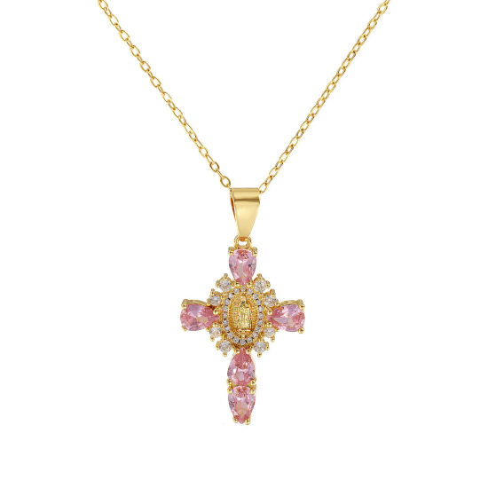 Immagine di 18K Vero Oro Placcato Catena a Cavo Croce Collana con Ciondolo, Ottone & Vetro 46cm + 6cm, Per Donne, Trasparente Cubic Zirconiae Vergine Maria Rosa Micro Spianare, Retrò Religione Regalo, Ecologico, 1 Pz
