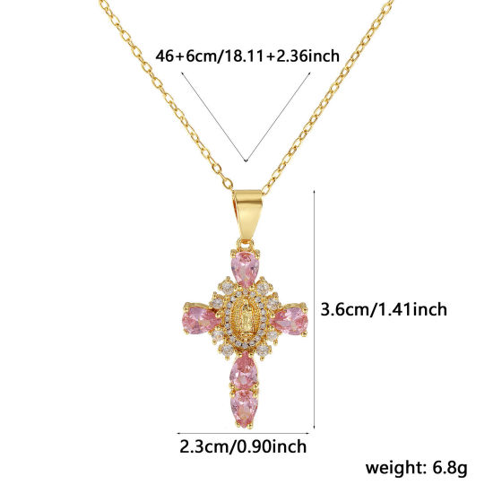 Immagine di 18K Vero Oro Placcato Catena a Cavo Croce Collana con Ciondolo, Ottone & Vetro 46cm + 6cm, Per Donne, Trasparente Cubic Zirconiae Vergine Maria Rosa Micro Spianare, Retrò Religione Regalo, Ecologico, 1 Pz