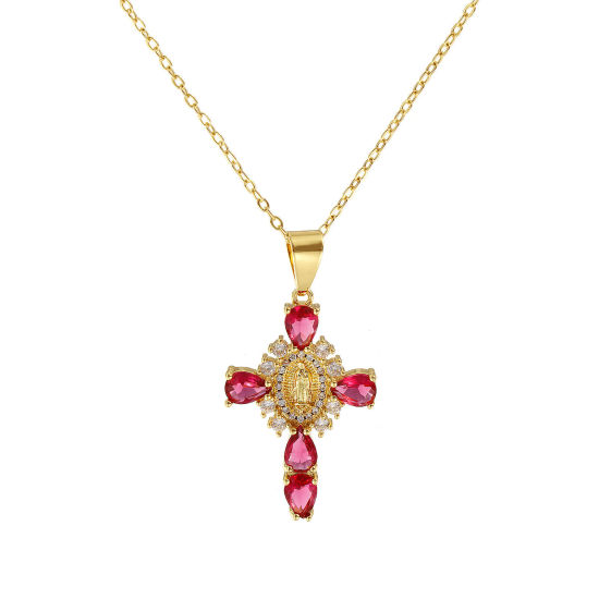 Immagine di 18K Vero Oro Placcato Catena a Cavo Croce Collana con Ciondolo, Ottone & Vetro 46cm + 6cm, Per Donne, Trasparente Cubic Zirconiae Vergine Maria Rosso Prugna Micro Spianare, Retrò Religione Regalo, Ecologico, 1 Pz