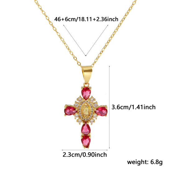Immagine di 18K Vero Oro Placcato Catena a Cavo Croce Collana con Ciondolo, Ottone & Vetro 46cm + 6cm, Per Donne, Trasparente Cubic Zirconiae Vergine Maria Rosso Prugna Micro Spianare, Retrò Religione Regalo, Ecologico, 1 Pz