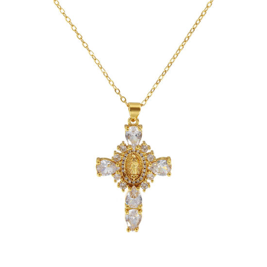 Immagine di 18K Vero Oro Placcato Catena a Cavo Croce Collana con Ciondolo, Ottone 46cm + 6cm, Per Donne, Trasparente Cubic Zirconiae Vergine Maria Micro Spianare, Retrò Religione Regalo, Ecologico, 1 Pz