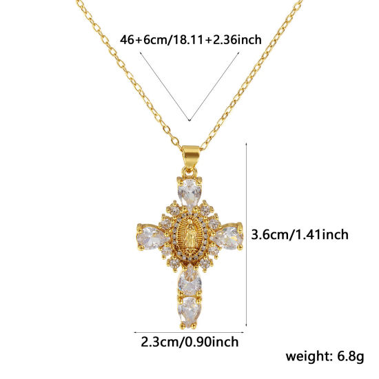 Immagine di 18K Vero Oro Placcato Catena a Cavo Croce Collana con Ciondolo, Ottone 46cm + 6cm, Per Donne, Trasparente Cubic Zirconiae Vergine Maria Micro Spianare, Retrò Religione Regalo, Ecologico, 1 Pz