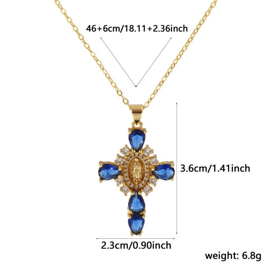 Immagine di 18K Vero Oro Placcato Catena a Cavo Croce Collana con Ciondolo, Ottone & Vetro 46cm + 6cm, Per Donne, Trasparente Cubic Zirconiae Vergine Maria Blu Scuro Micro Spianare, Retrò Religione Regalo, Ecologico, 1 Pz