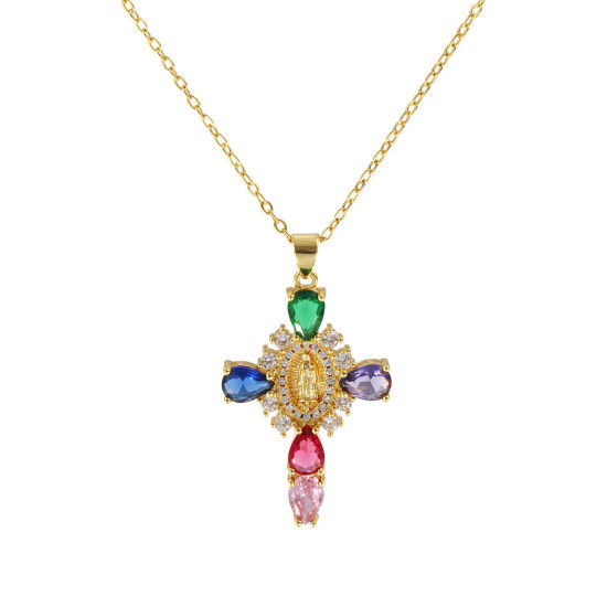 Immagine di 18K Vero Oro Placcato Catena a Cavo Croce Collana con Ciondolo, Ottone & Vetro 46cm + 6cm, Per Donne, Trasparente Cubic Zirconiae Vergine Maria Multicolore Micro Spianare, Retrò Religione Regalo, Ecologico, 1 Pz