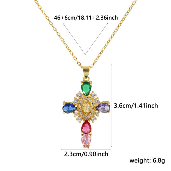 Immagine di 18K Vero Oro Placcato Catena a Cavo Croce Collana con Ciondolo, Ottone & Vetro 46cm + 6cm, Per Donne, Trasparente Cubic Zirconiae Vergine Maria Multicolore Micro Spianare, Retrò Religione Regalo, Ecologico, 1 Pz
