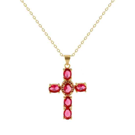 Immagine di 18K Vero Oro Placcato Catena a Cavo Croce Collana con Ciondolo, Ottone 46cm + 6cm, Per Donne, Rosso Prugna Cubic Zirconiae Micro Spianare, Retrò Religione Regalo, Ecologico, 1 Pz