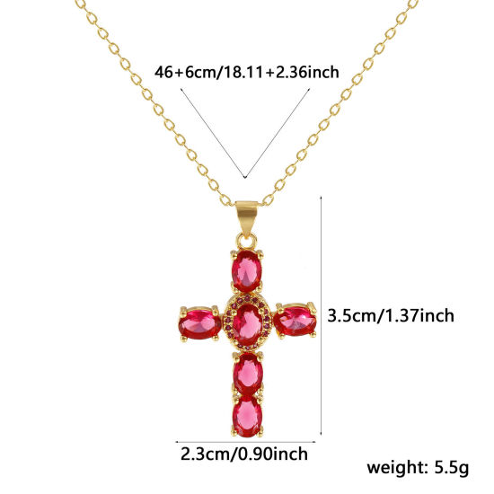 Immagine di 18K Vero Oro Placcato Catena a Cavo Croce Collana con Ciondolo, Ottone 46cm + 6cm, Per Donne, Rosso Prugna Cubic Zirconiae Micro Spianare, Retrò Religione Regalo, Ecologico, 1 Pz