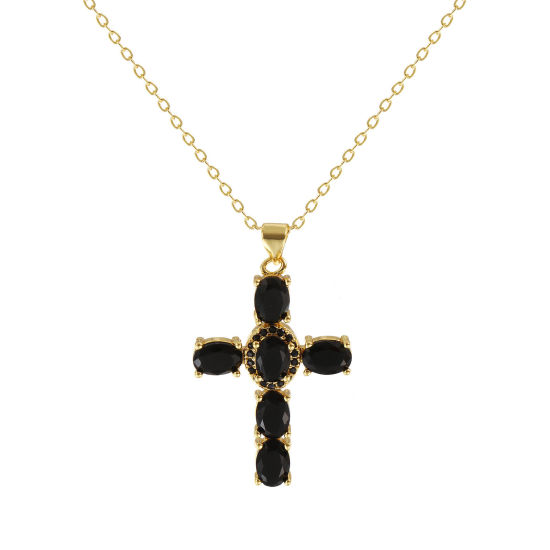 Immagine di 18K Vero Oro Placcato Catena a Cavo Croce Collana con Ciondolo, Ottone 46cm + 6cm, Per Donne, Nero Cubic Zirconiae Micro Spianare, Retrò Religione Regalo, Ecologico, 1 Pz