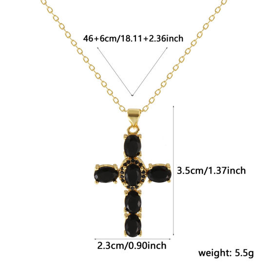Immagine di 18K Vero Oro Placcato Catena a Cavo Croce Collana con Ciondolo, Ottone 46cm + 6cm, Per Donne, Nero Cubic Zirconiae Micro Spianare, Retrò Religione Regalo, Ecologico, 1 Pz