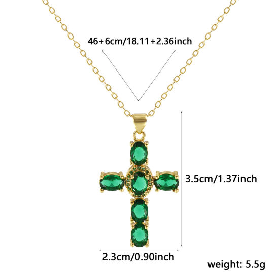 Immagine di 18K Vero Oro Placcato Catena a Cavo Croce Collana con Ciondolo, Ottone 46cm + 6cm, Per Donne, Verde Cubic Zirconiae Micro Spianare, Retrò Religione Regalo, Ecologico, 1 Pz