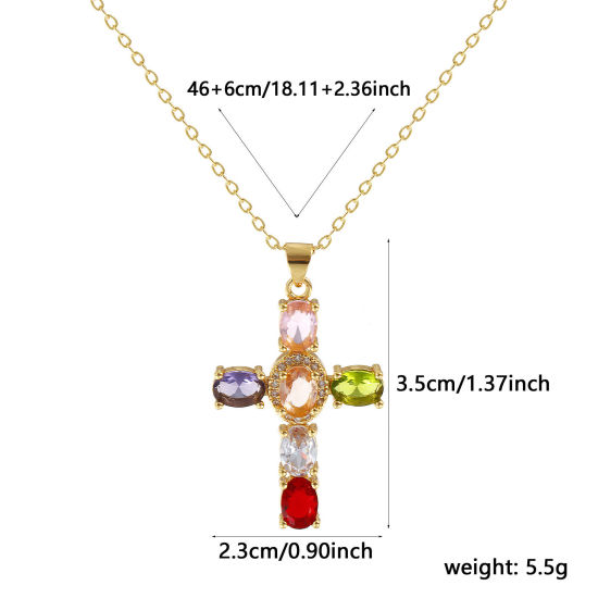 Immagine di 18K Vero Oro Placcato Catena a Cavo Croce Collana con Ciondolo, Ottone 46cm + 6cm, Per Donne, Multicolore Cubic Zirconiae Micro Spianare, Retrò Religione Regalo, Ecologico, 1 Pz