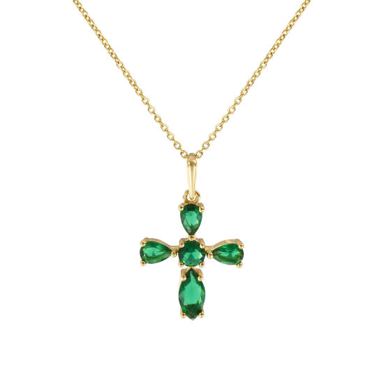 Immagine di 18K Vero Oro Placcato Catena a Cavo Croce Collana con Ciondolo, Ottone 46cm + 6cm, Per Donne, Verde Strass Retrò Religione Regalo, Ecologico, 1 Pz