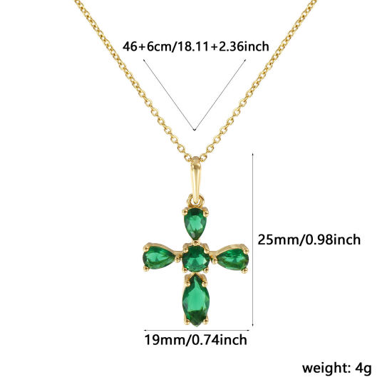Immagine di 18K Vero Oro Placcato Catena a Cavo Croce Collana con Ciondolo, Ottone 46cm + 6cm, Per Donne, Verde Strass Retrò Religione Regalo, Ecologico, 1 Pz
