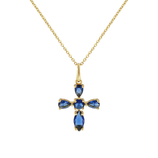 Immagine di 18K Vero Oro Placcato Catena a Cavo Croce Collana con Ciondolo, Ottone 46cm + 6cm, Per Donne, Blu Notte Strass Retrò Religione Regalo, Ecologico, 1 Pz